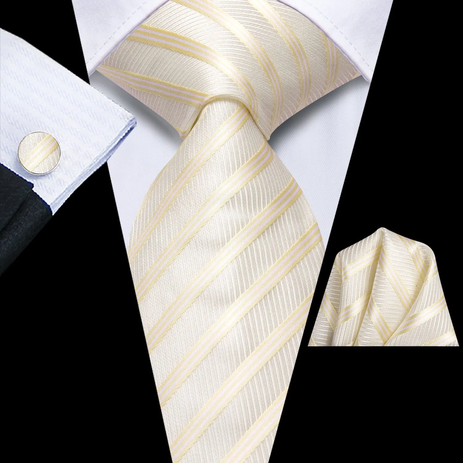 LightGoldenrodYellow Striped Men's Necktie Hanky Cufflinks Set sold by Ties2You