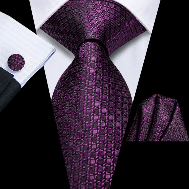 DarkMagenta Geometric Men's Necktie Hanky Cufflinks Set sold by Ties2You