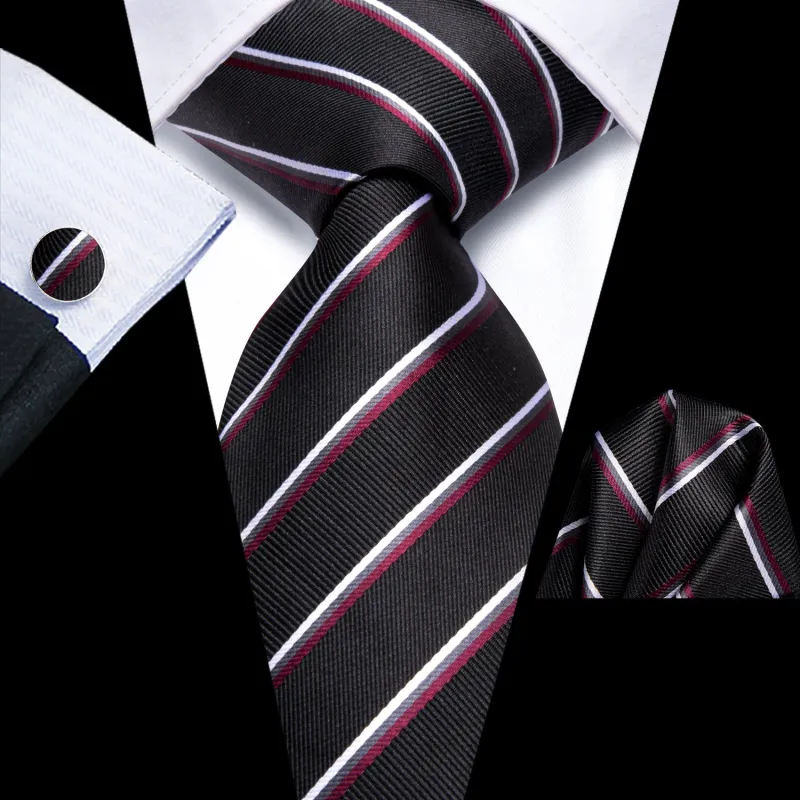 Black White Line Striped Men's Necktie Hanky Cufflinks Set sold by Ties2You
