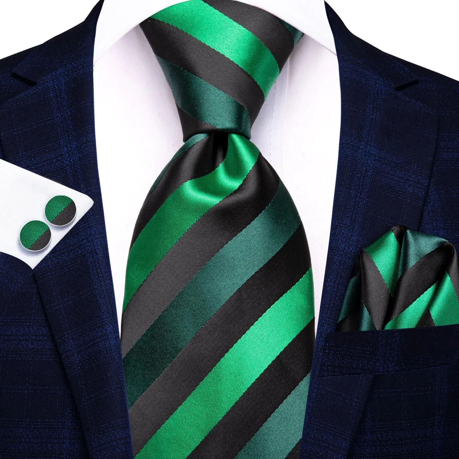 Black Green Striped Men's Necktie Hanky Cufflinks Set sold by Ties2You product image thumbnail 2