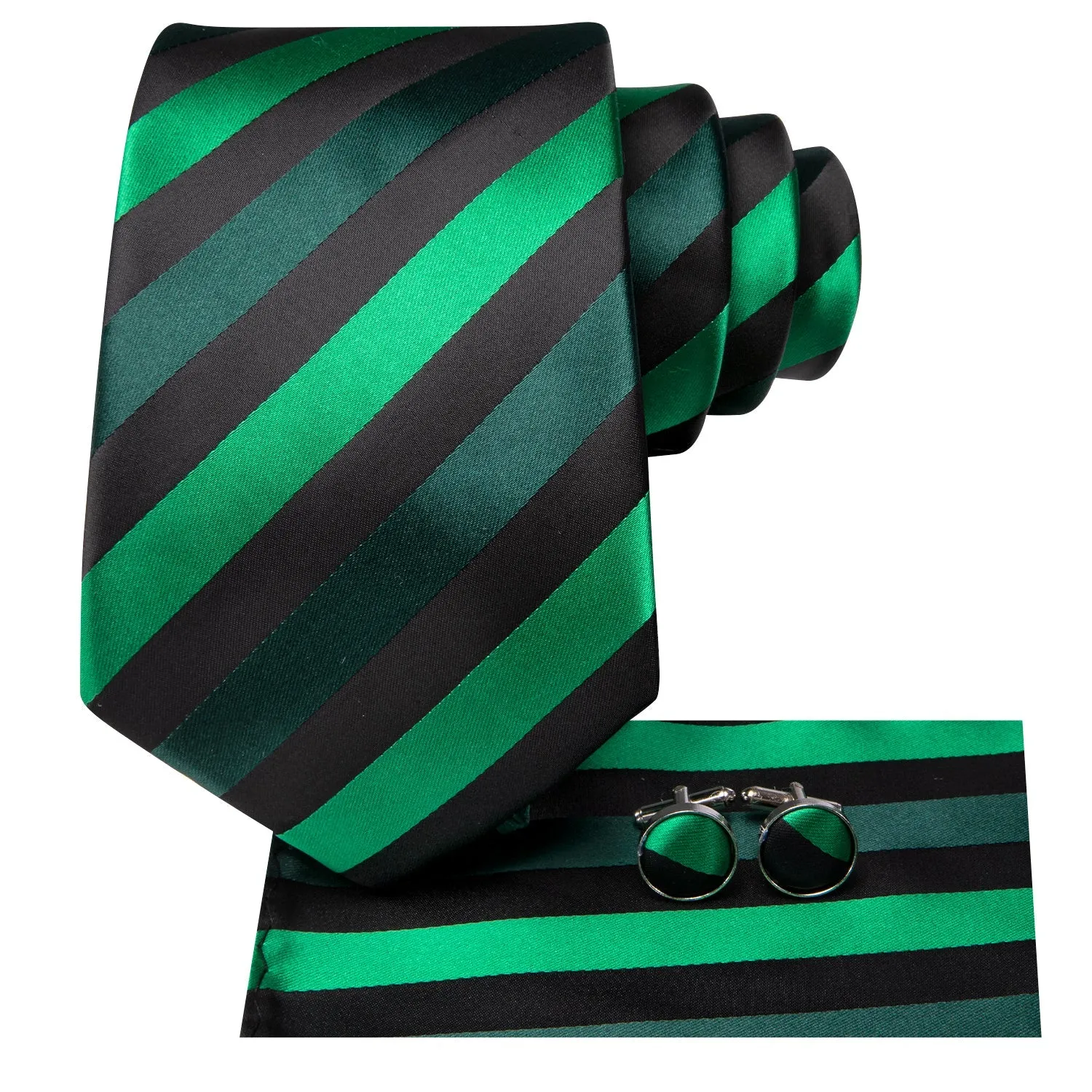 Black Green Striped Men's Necktie Hanky Cufflinks Set sold by Ties2You product image thumbnail 3