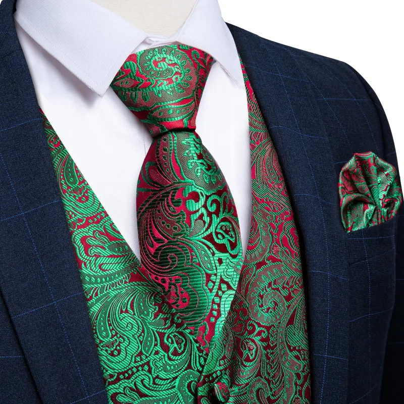 Green Red Paisley Men's Vest Tie Set sold by Ties2You
