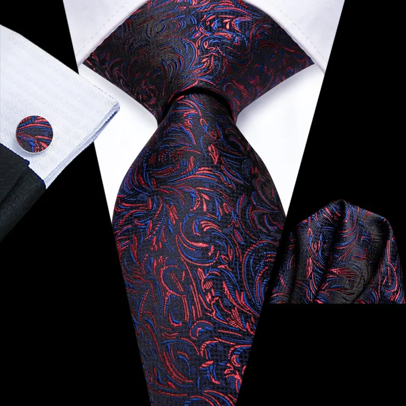 Ties2you Navy Blue Red Floral Silk Men's Necktie Hanky Cufflinks Set made by Ties2You