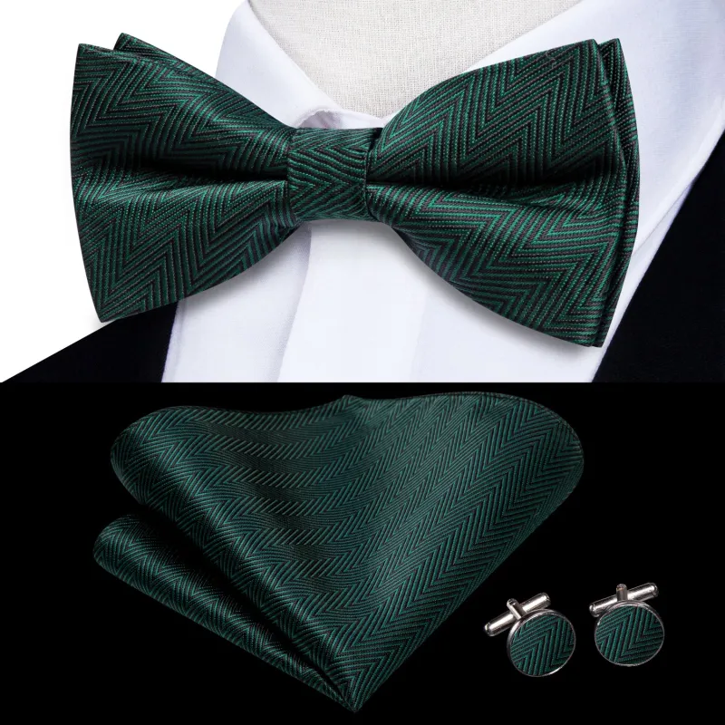 Green Geometric Men's Pre-tied Bowtie Pocket Square Cufflinks Set made by Ties2You