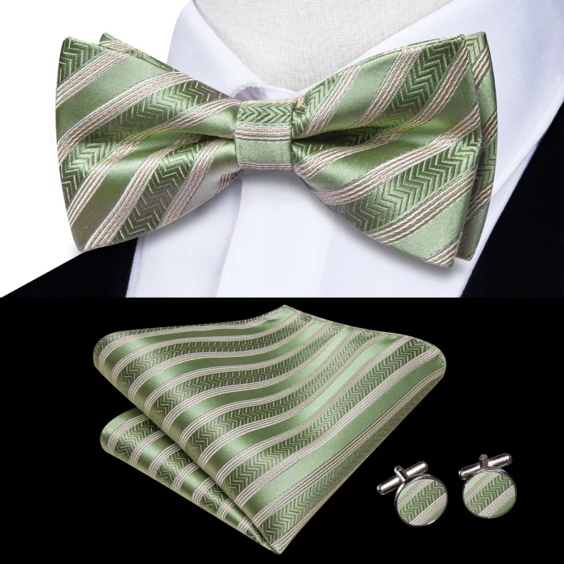 OliveDrab Striped Men's Pre-tied Bowtie Pocket Square Cufflinks Set made by Ties2You