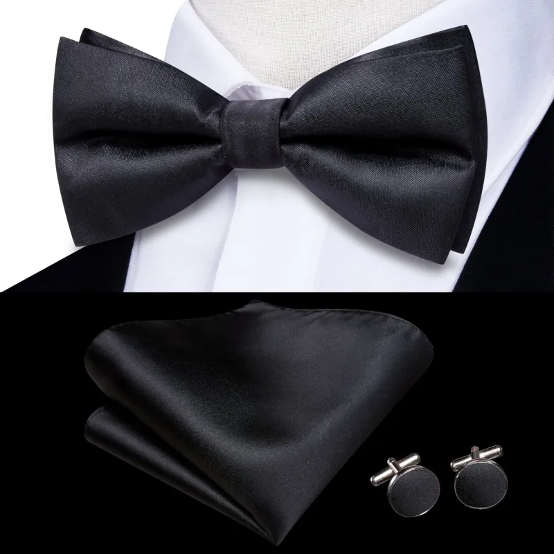 Black Solid Men's Pre-tied Bowtie Pocket Square Cufflinks Set sold by Ties2You