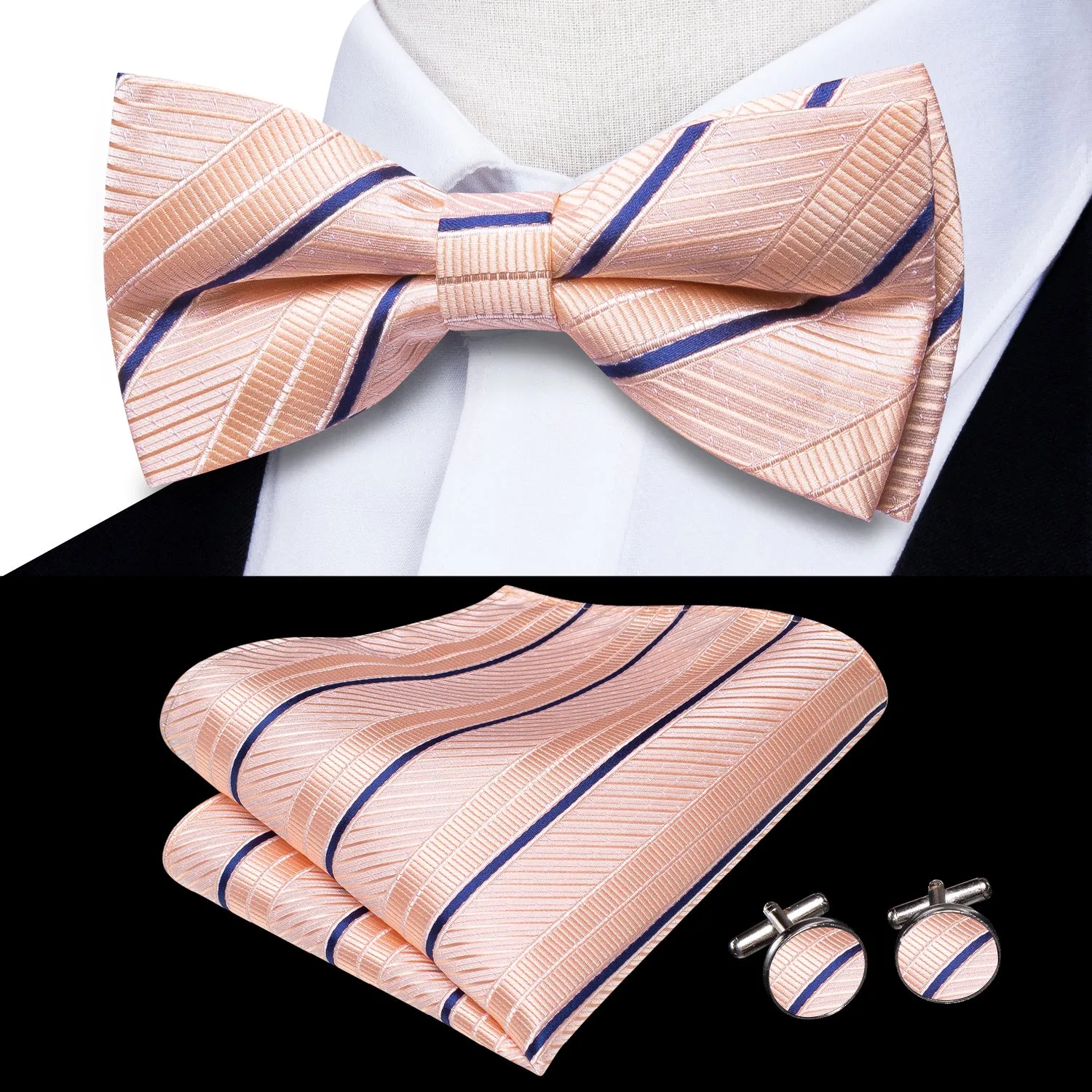 Pink Blue Striped Men's Pre-tied Bowtie Pocket Square Cufflinks Set sold by Ties2You