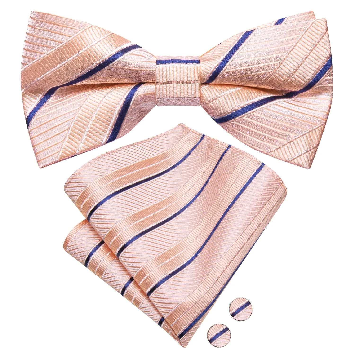 Pink Blue Striped Men's Pre-tied Bowtie Pocket Square Cufflinks Set sold by Ties2You product image thumbnail 5