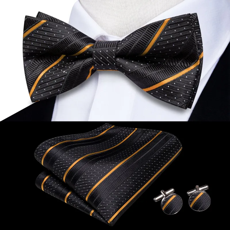 Black Golden Striped Men's Pre-tied Bowtie Pocket Square Cufflinks Set sold by Ties2You