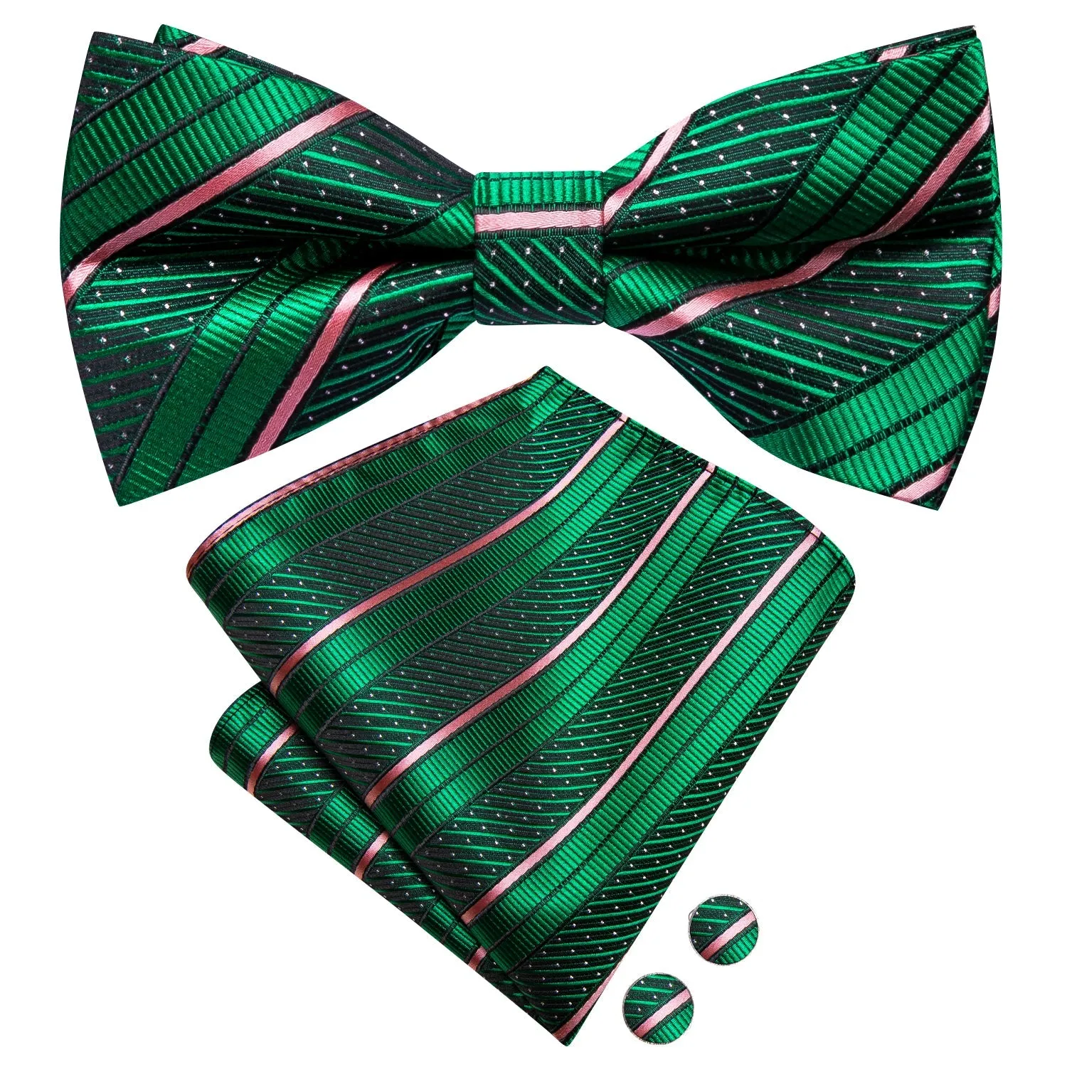 Green Pink Striped Men's Pre-tied Bowtie Pocket Square Cufflinks Set sold by Ties2You product image thumbnail 4
