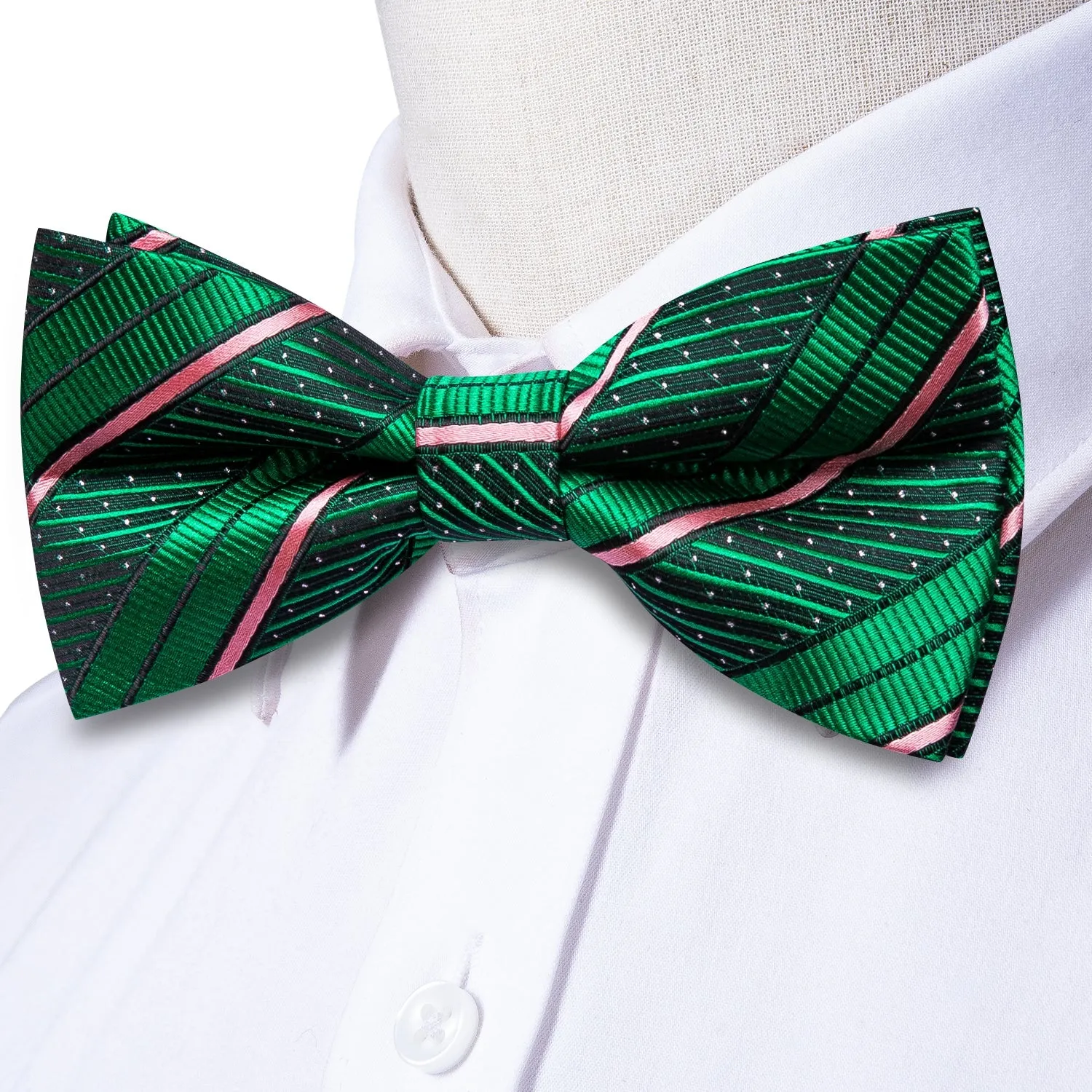 Green Pink Striped Men's Pre-tied Bowtie Pocket Square Cufflinks Set sold by Ties2You product image thumbnail 2
