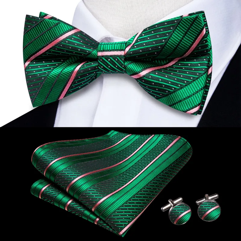 Green Pink Striped Men's Pre-tied Bowtie Pocket Square Cufflinks Set made by Ties2You