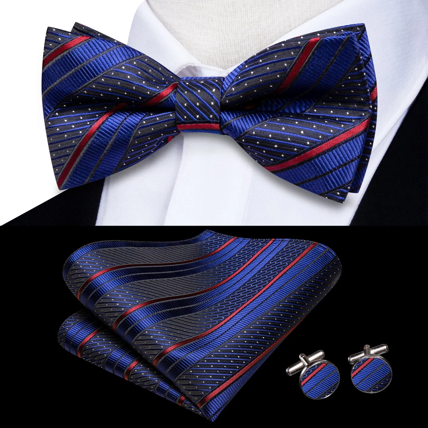Blue Red Striped Men's Pre-tied Bowtie Pocket Square Cufflinks Set sold by Ties2You