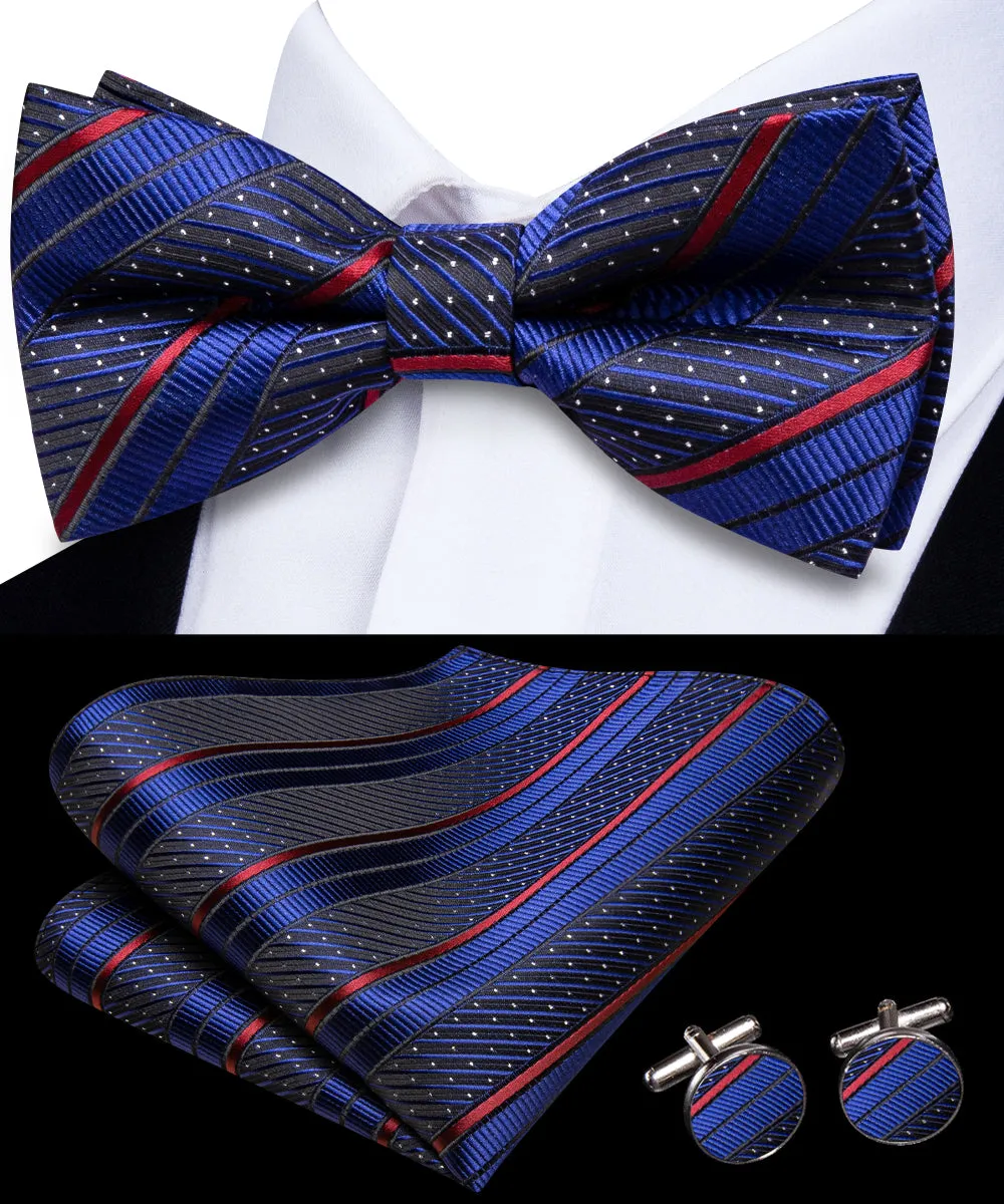 Blue Red Striped Men's Pre-tied Bowtie Pocket Square Cufflinks Set sold by Ties2You product image thumbnail 2
