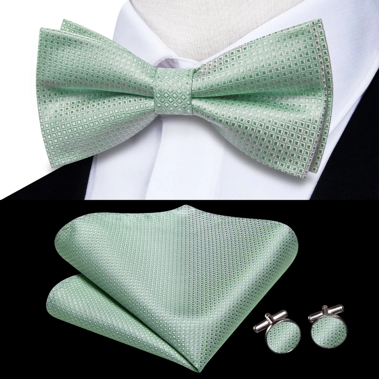 DarkSeaGreen Geometric Men's Pre-tied Bowtie Pocket Square Cufflinks Set sold by Ties2You