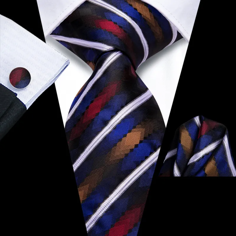 Blue White Darkred Striped Men's Necktie Hanky Cufflinks Set sold by Ties2You