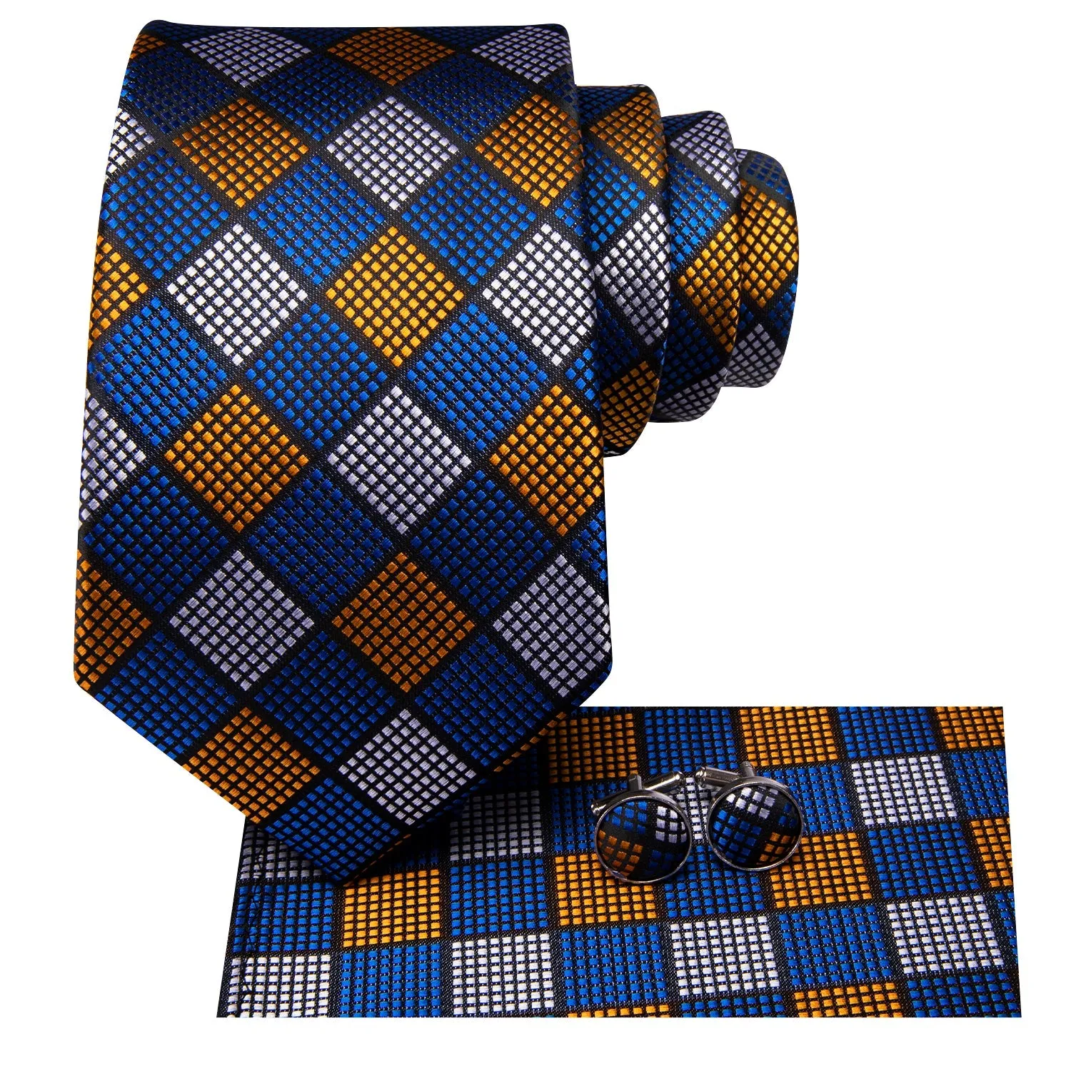 Blue Grey Plaid Men's Necktie Hanky Cufflinks Set sold by Ties2You product image thumbnail 3