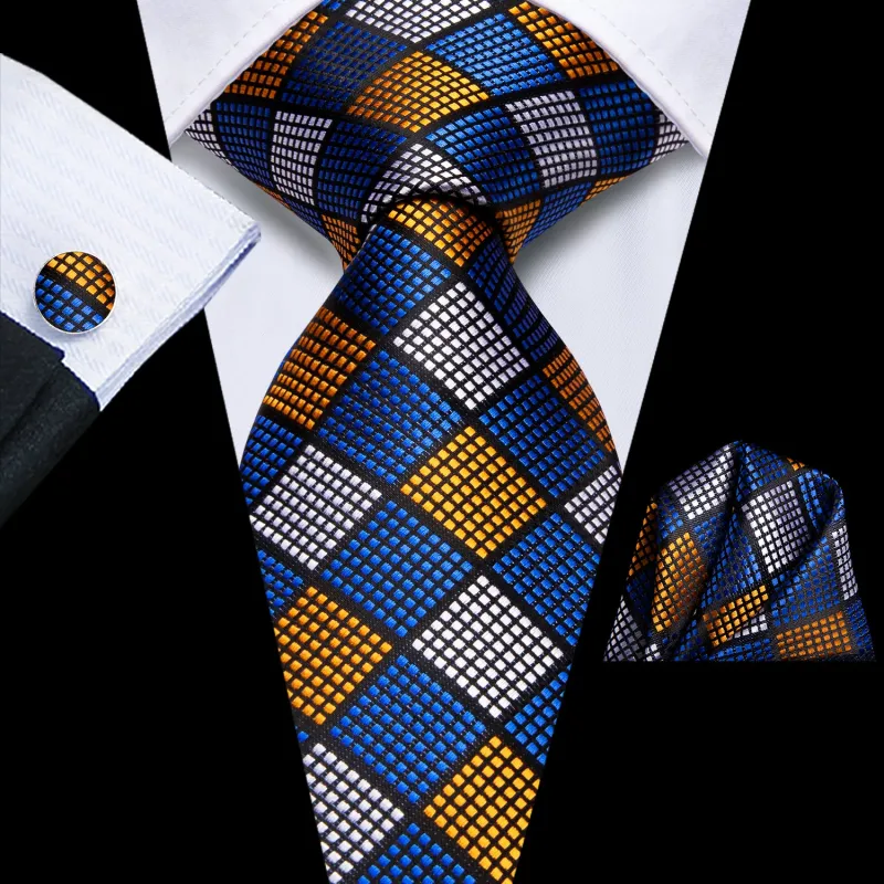 Blue Grey Plaid Men's Necktie Hanky Cufflinks Set sold by Ties2You