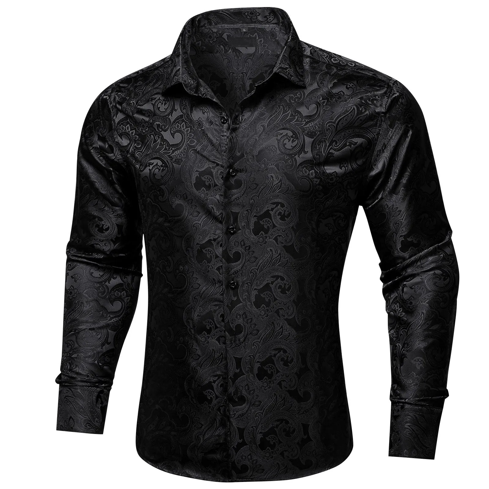 Black Floral Silk Men's Long Sleeve Shirt sold by Ties2You product image thumbnail 2