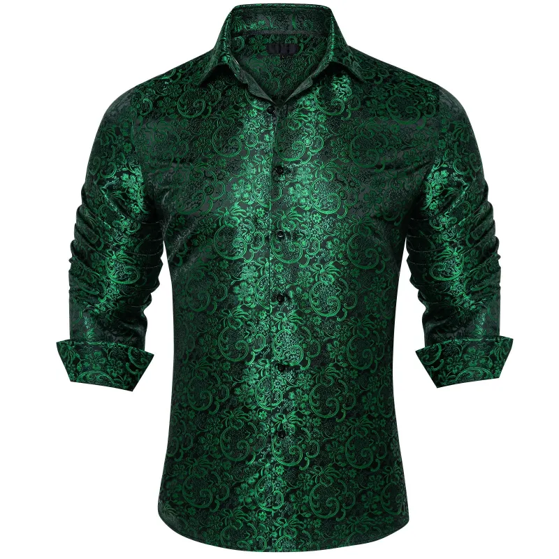 Ties2you Long Sleeve Shirts for Men Sapphire Pine Green Floral Silk Dress Shirt sold by Ties2You