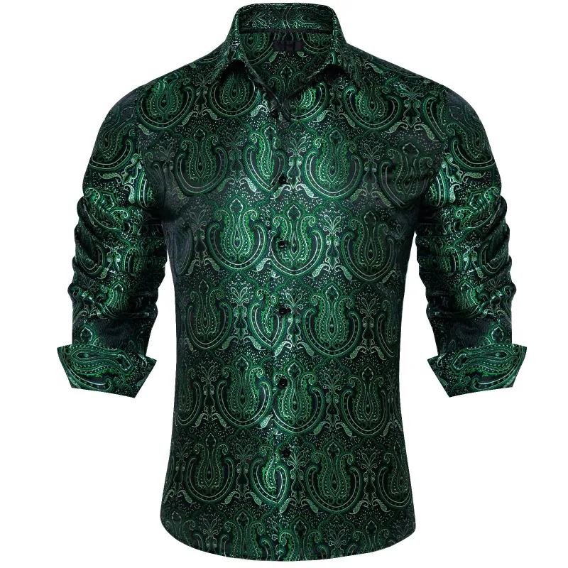 Ties2you Mens Paisley Dress Shirt Hunter Green Silk Long Sleeve Button Down Shirt sold by Ties2You