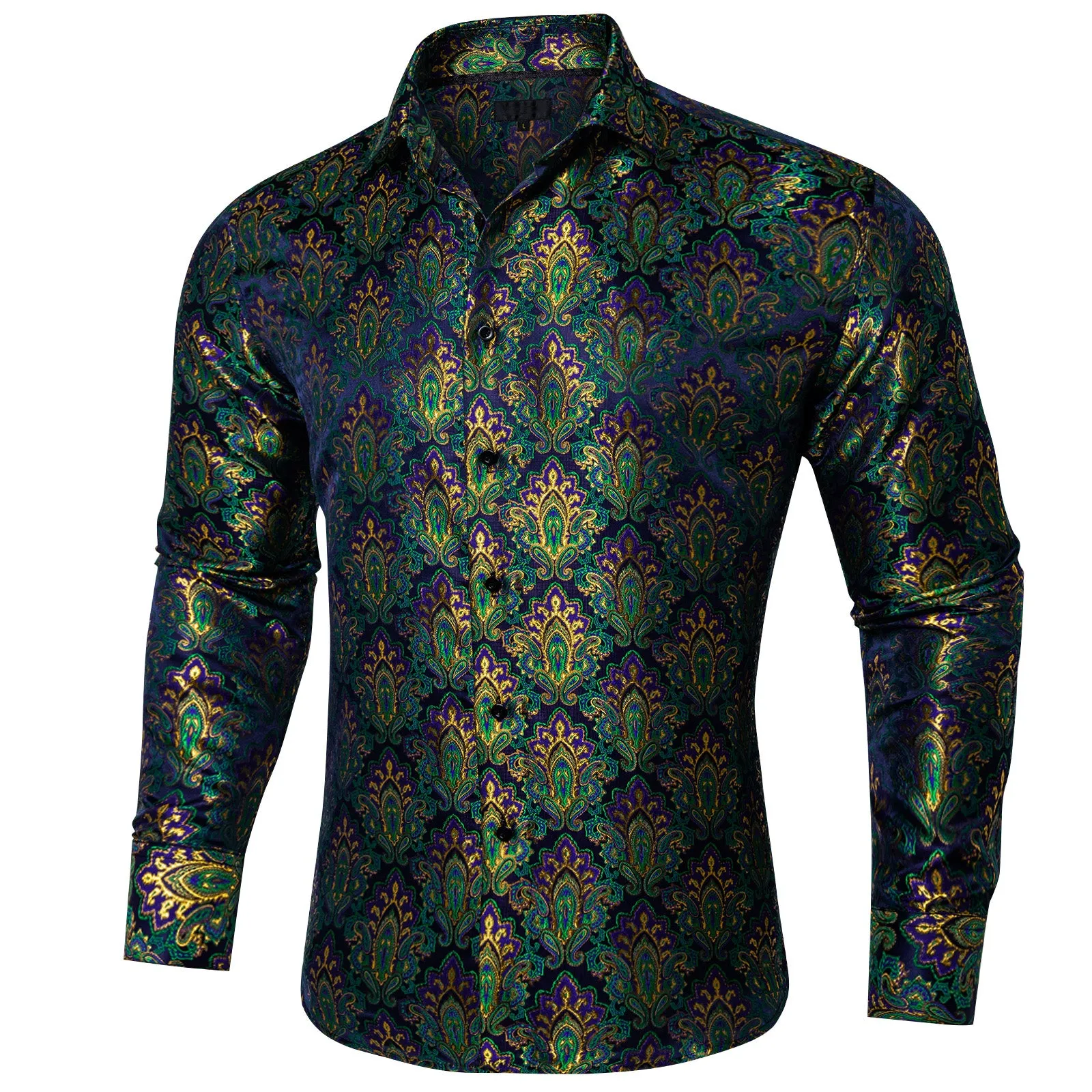 Ties2you Green Paisley Dress Shirt Mens Silk Party Long Sleeve Button Down Shirt sold by Ties2You product image thumbnail 2