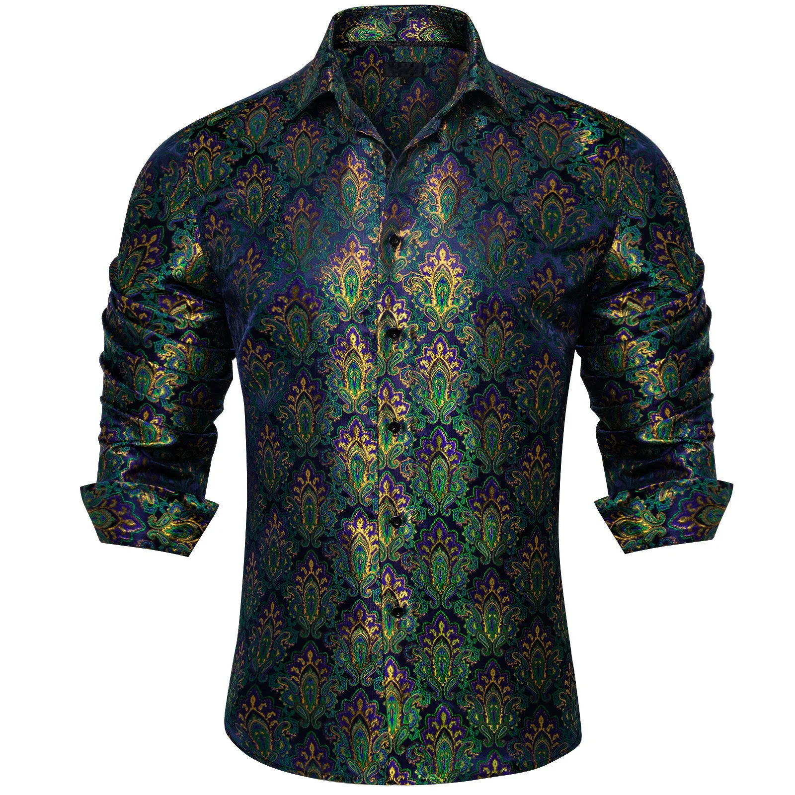 Ties2you Green Paisley Dress Shirt Mens Silk Party Long Sleeve Button Down Shirt sold by Ties2You