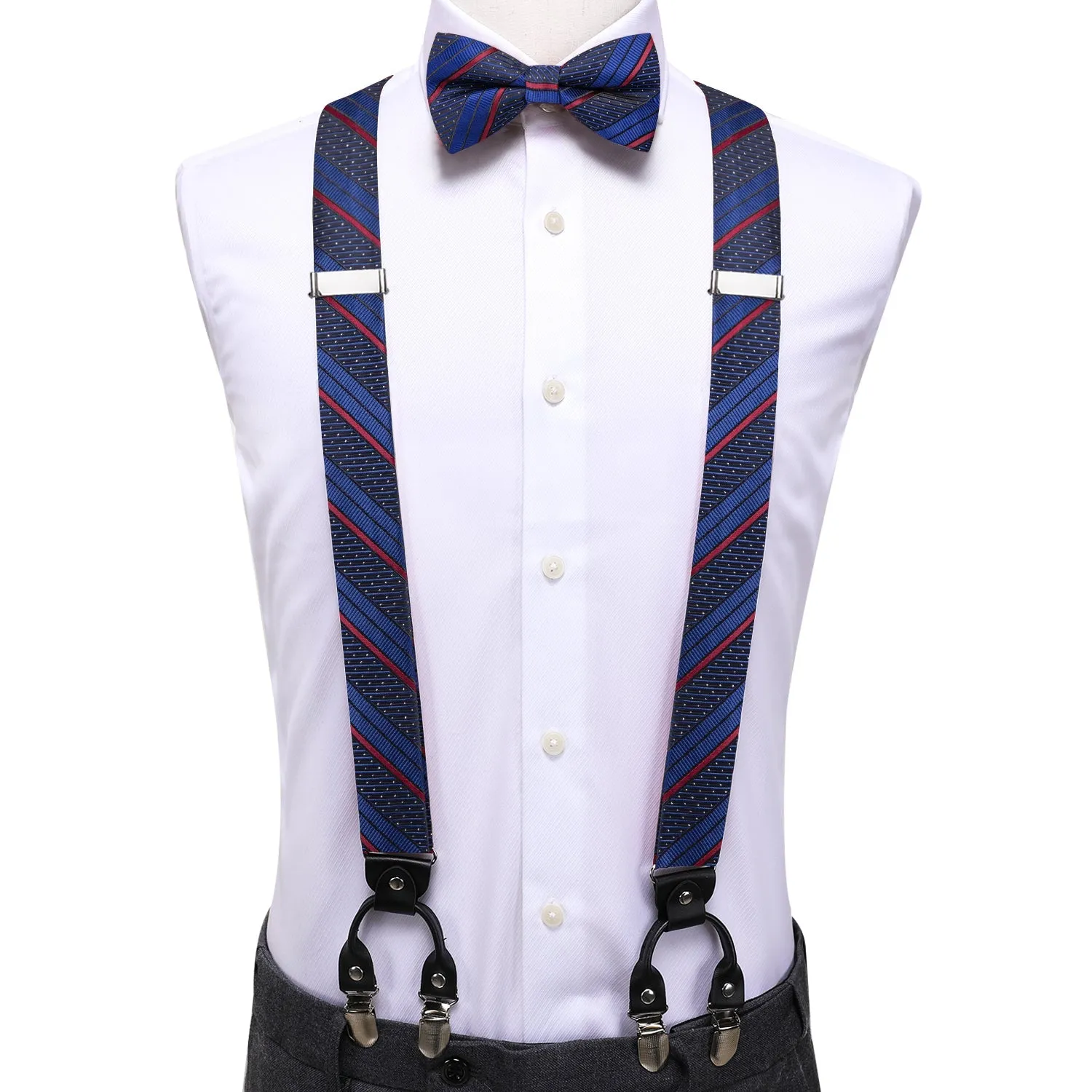 Blue Black Red Striped Y Back Brace Clip-on Men's Suspender with Bow Tie Set sold by Ties2You product image thumbnail 3