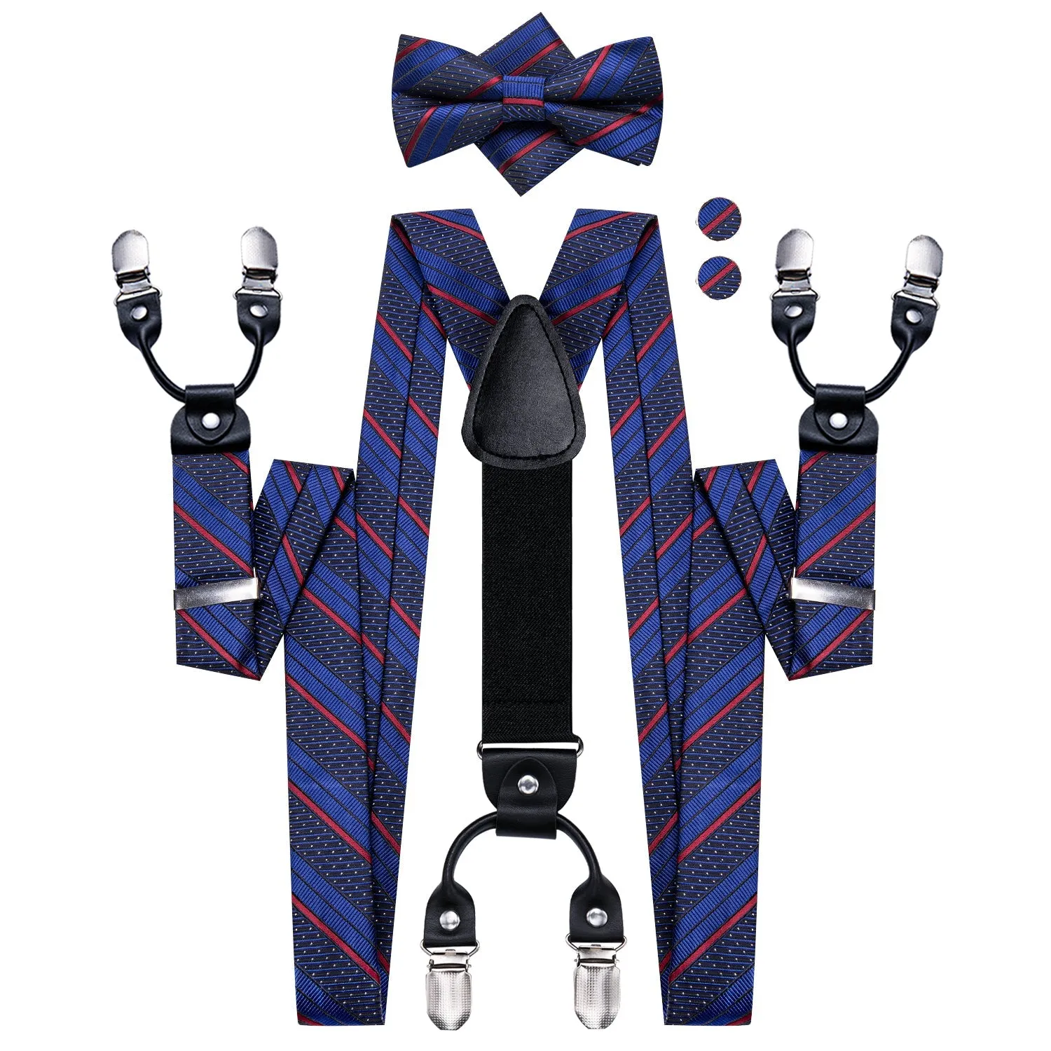 Blue Black Red Striped Y Back Brace Clip-on Men's Suspender with Bow Tie Set sold by Ties2You product image thumbnail 5