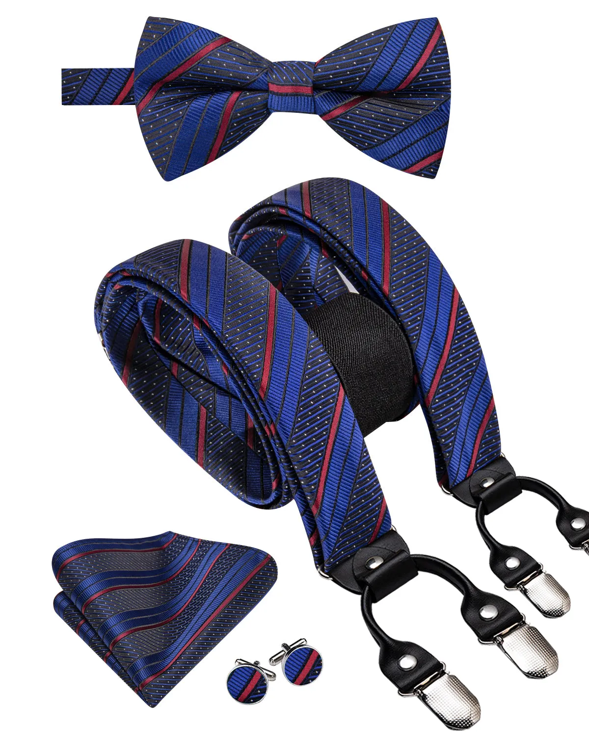Blue Black Red Striped Y Back Brace Clip-on Men's Suspender with Bow Tie Set sold by Ties2You