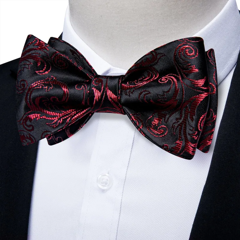 Black DarkRed Floral Self-tied Bow Tie Pocket Square Cufflinks Set sold by Ties2You