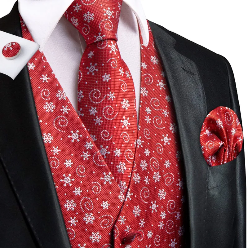Red White Snowflake Novelty Jacquard Silk Men's Vest Hanky Cufflinks Tie Set sold by Ties2You