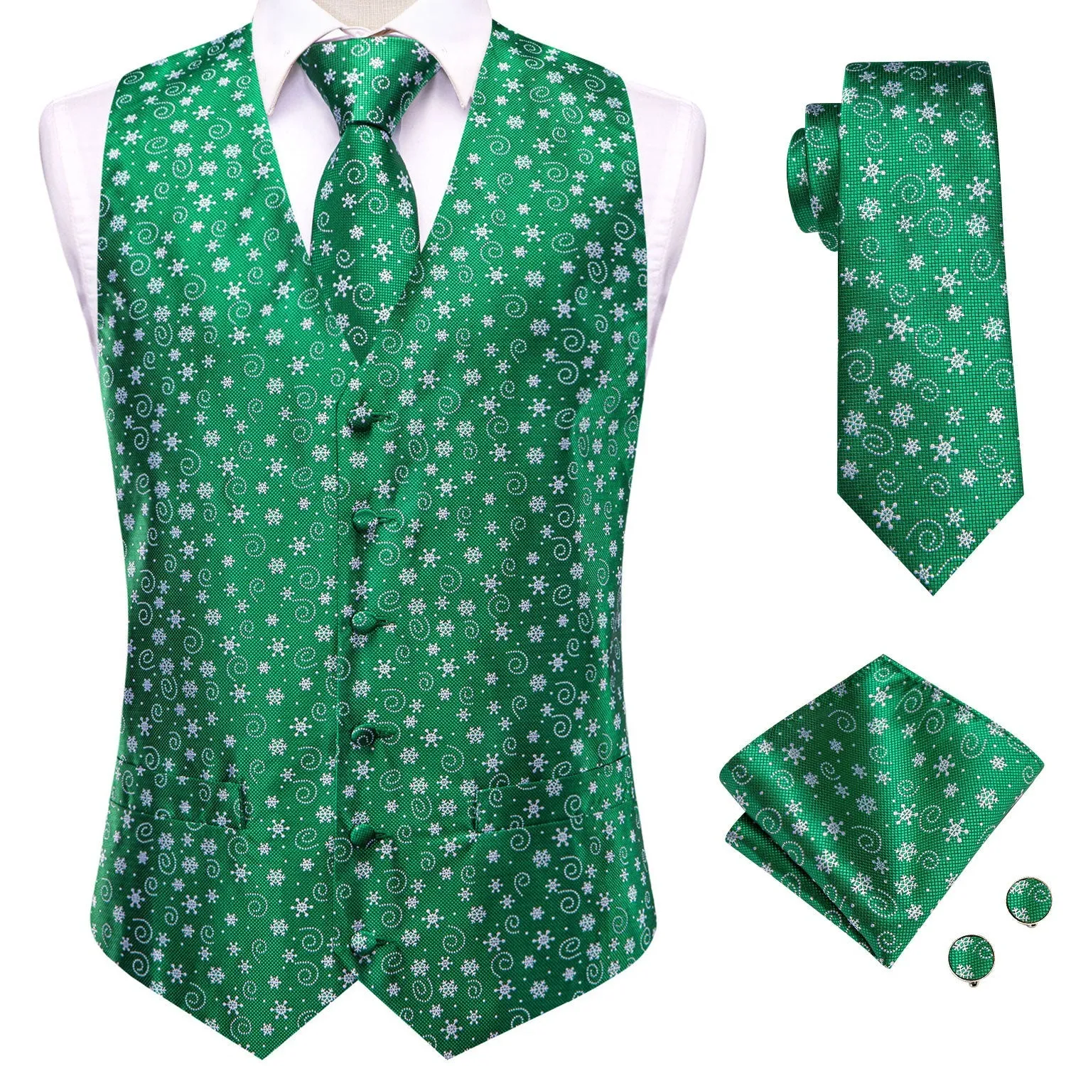 Green White Snowflake Novelty Jacquard Silk Men's Vest Hanky Cufflinks Tie Set sold by Ties2You product image thumbnail 3