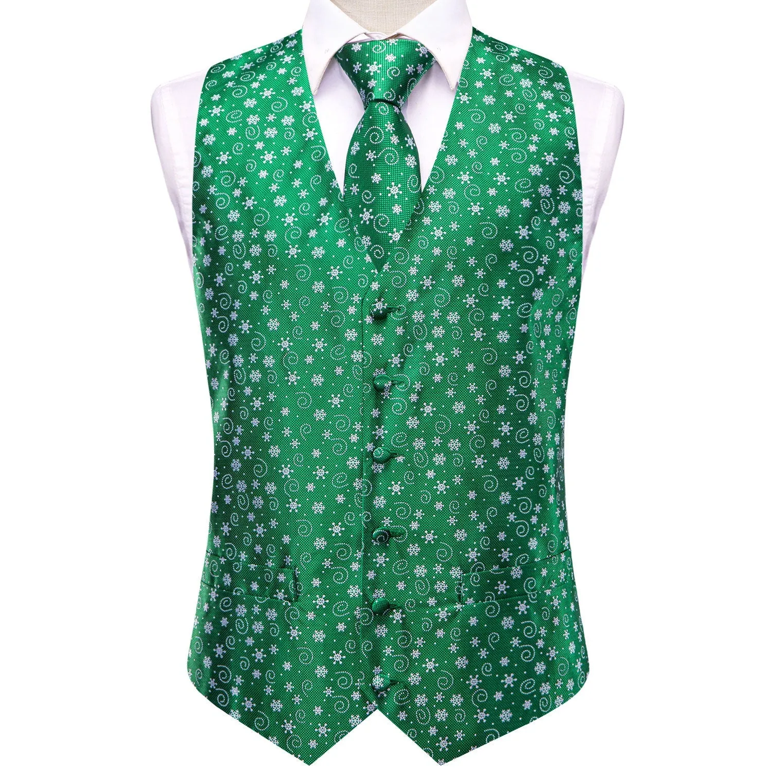 Green White Snowflake Novelty Jacquard Silk Men's Vest Hanky Cufflinks Tie Set sold by Ties2You product image thumbnail 2