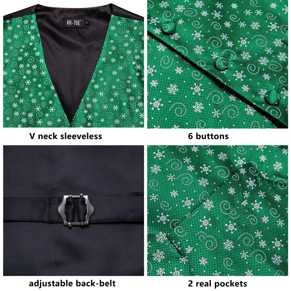 Green White Snowflake Novelty Jacquard Silk Men's Vest Hanky Cufflinks Tie Set sold by Ties2You product image thumbnail 4