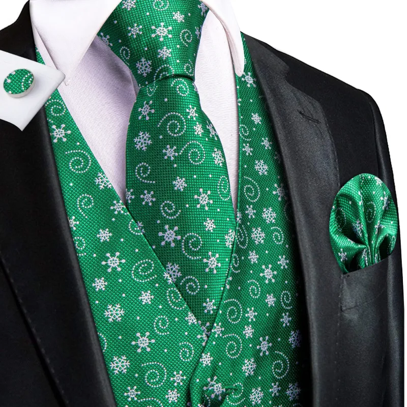 Green White Snowflake Novelty Jacquard Silk Men's Vest Hanky Cufflinks Tie Set sold by Ties2You