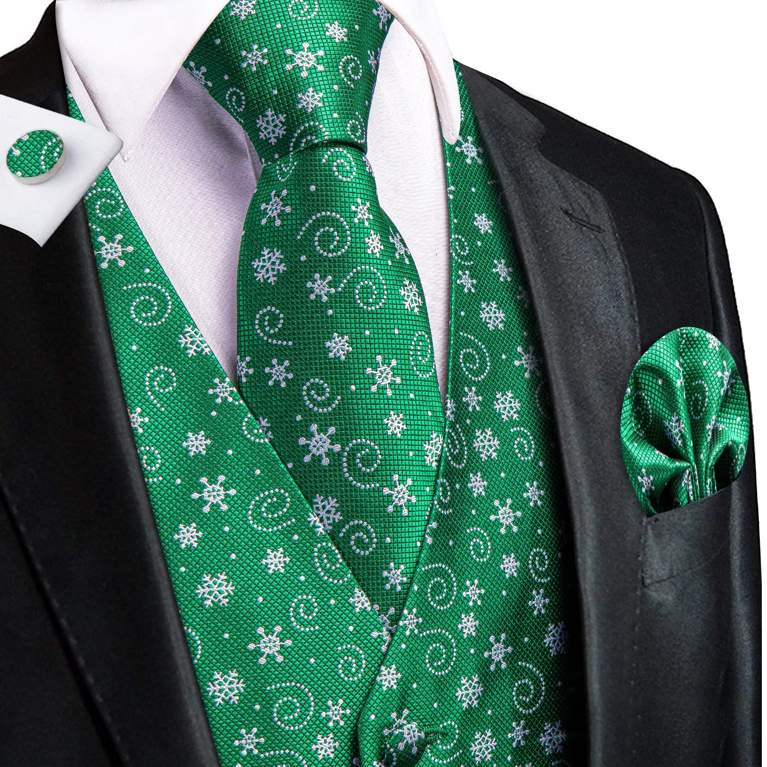 Green White Snowflake Novelty Jacquard Silk Men's Vest Hanky Cufflinks Tie Set sold by Ties2You