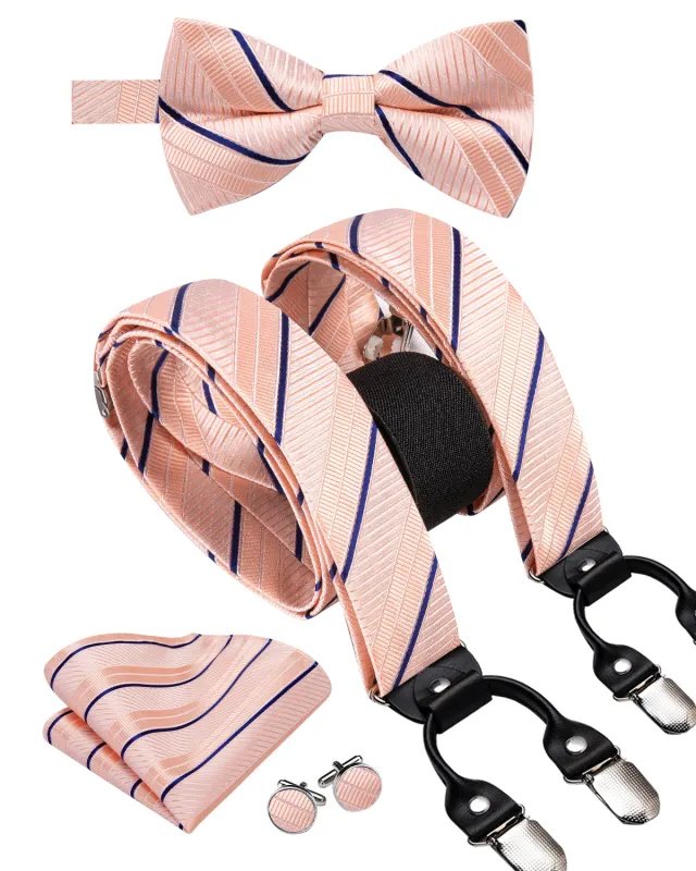 Salmon Pink Blue Striped Y Back Brace Clip-on Men's Suspender with Bow Tie Set sold by Ties2You