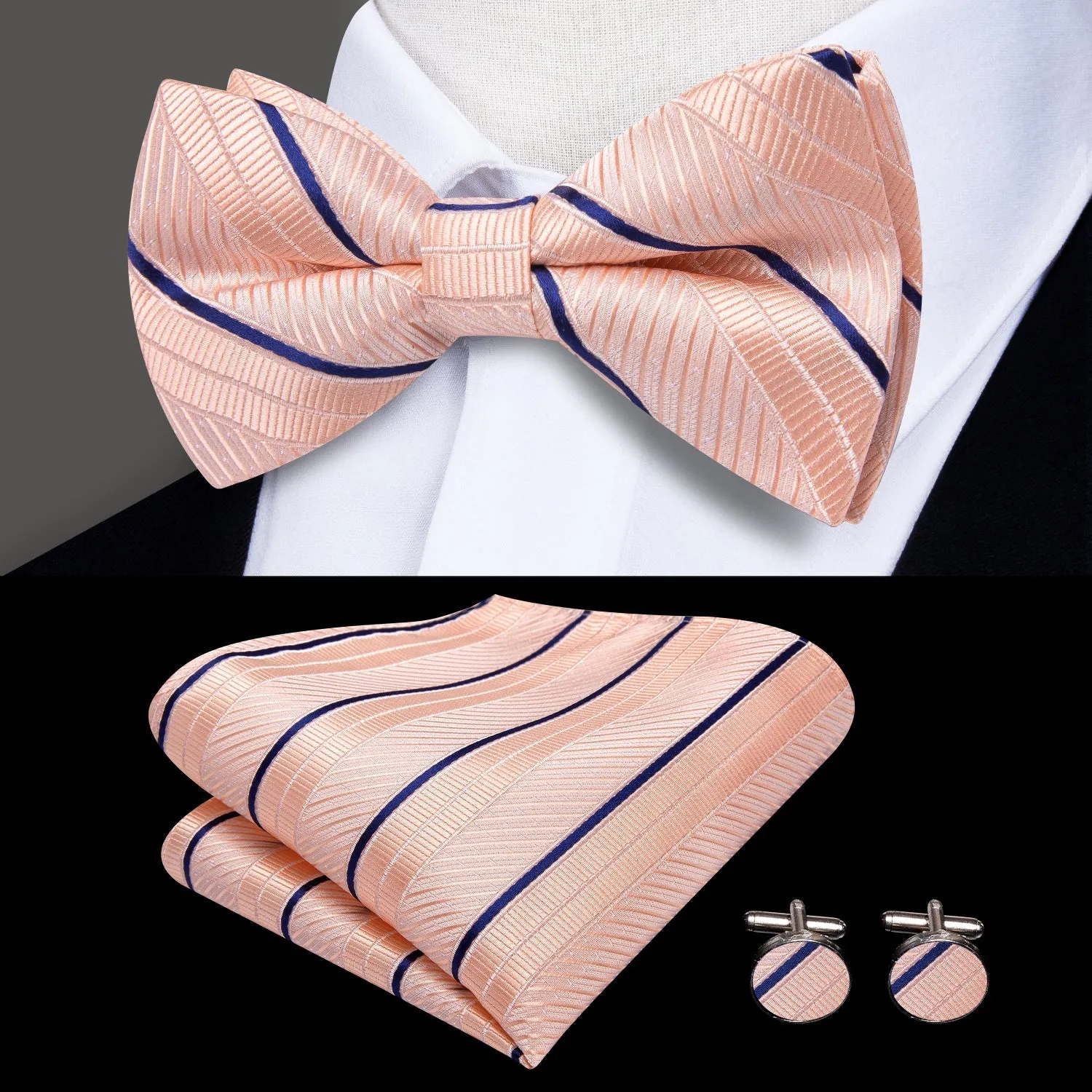 Salmon Pink Blue Striped Y Back Brace Clip-on Men's Suspender with Bow Tie Set sold by Ties2You product image thumbnail 5