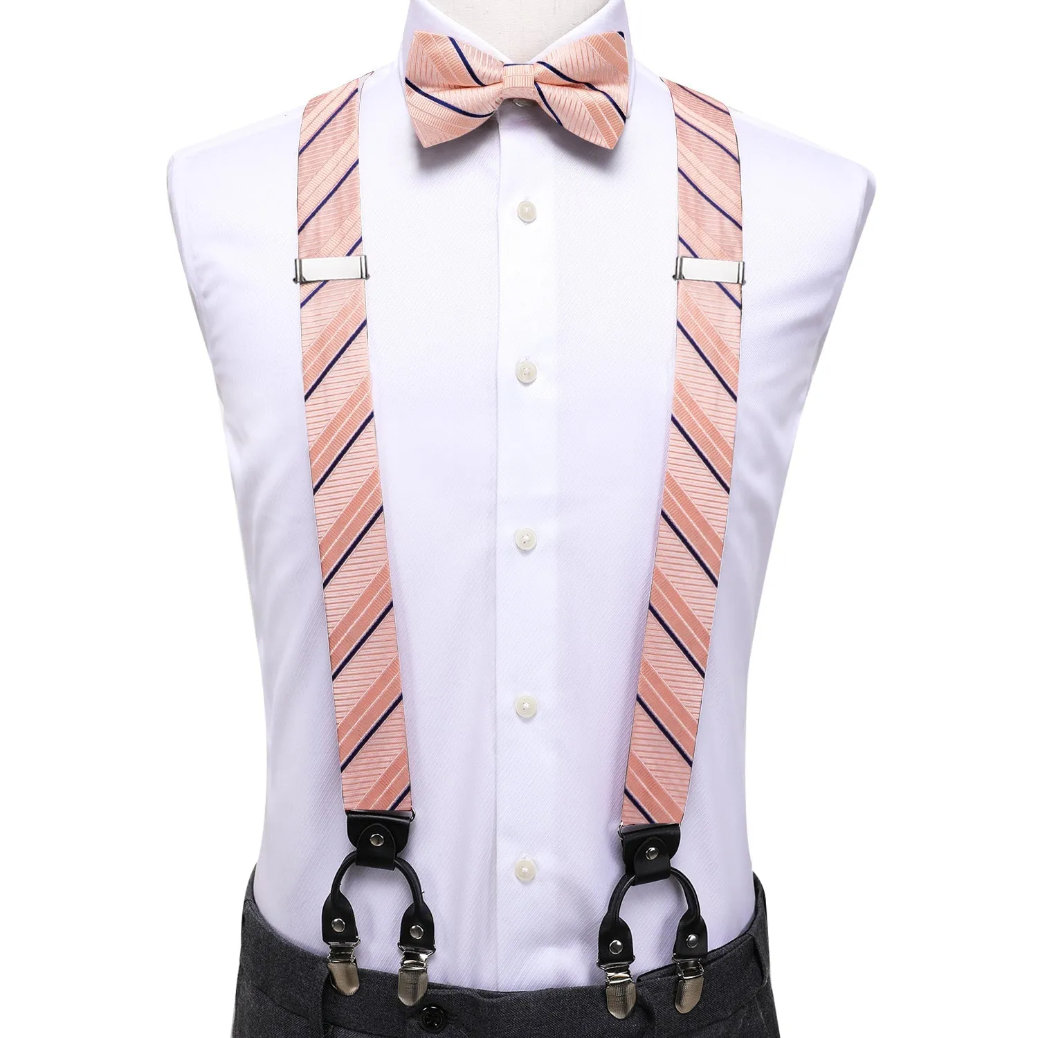 Salmon Pink Blue Striped Y Back Brace Clip-on Men's Suspender with Bow Tie Set sold by Ties2You product image thumbnail 2