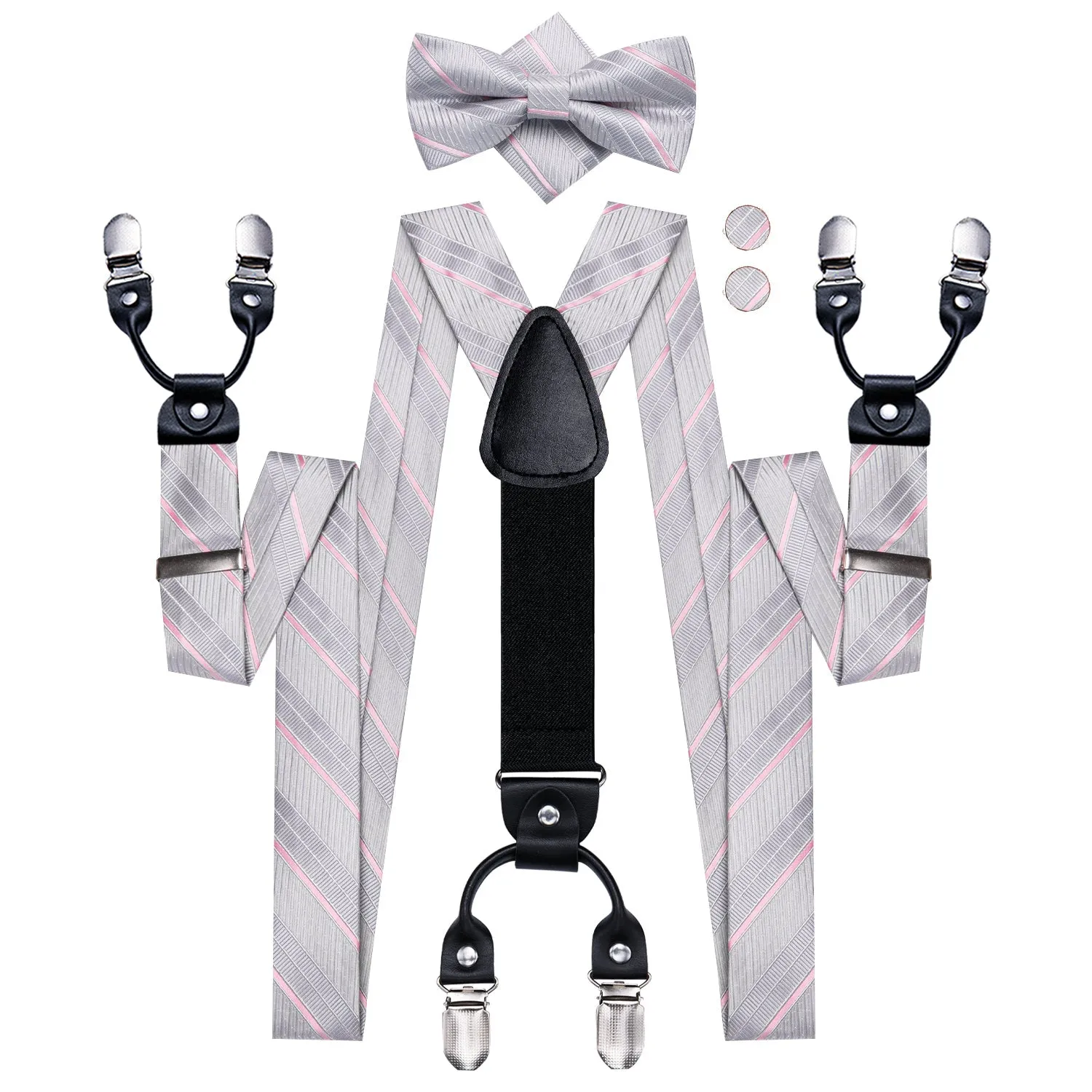 Sliver Grey Pink Striped Y Back Brace Clip-on Men's Suspender with Bow Tie Set sold by Ties2You product image thumbnail 4