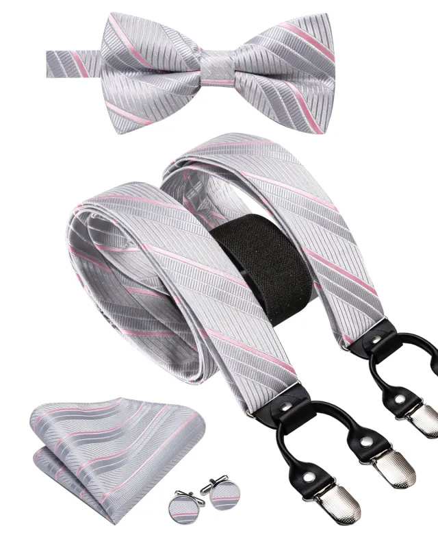 Sliver Grey Pink Striped Y Back Brace Clip-on Men's Suspender with Bow Tie Set sold by Ties2You