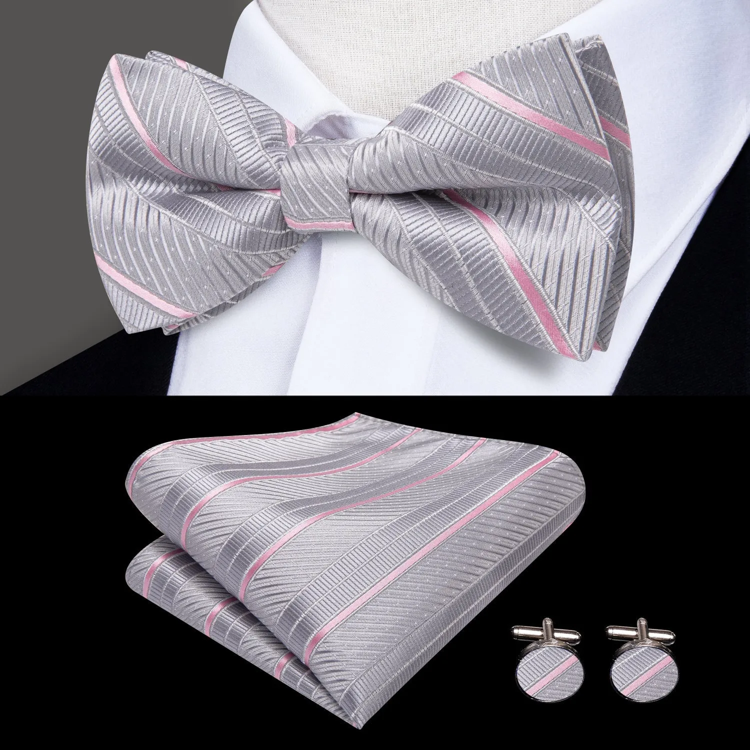 Sliver Grey Pink Striped Y Back Brace Clip-on Men's Suspender with Bow Tie Set sold by Ties2You product image thumbnail 5