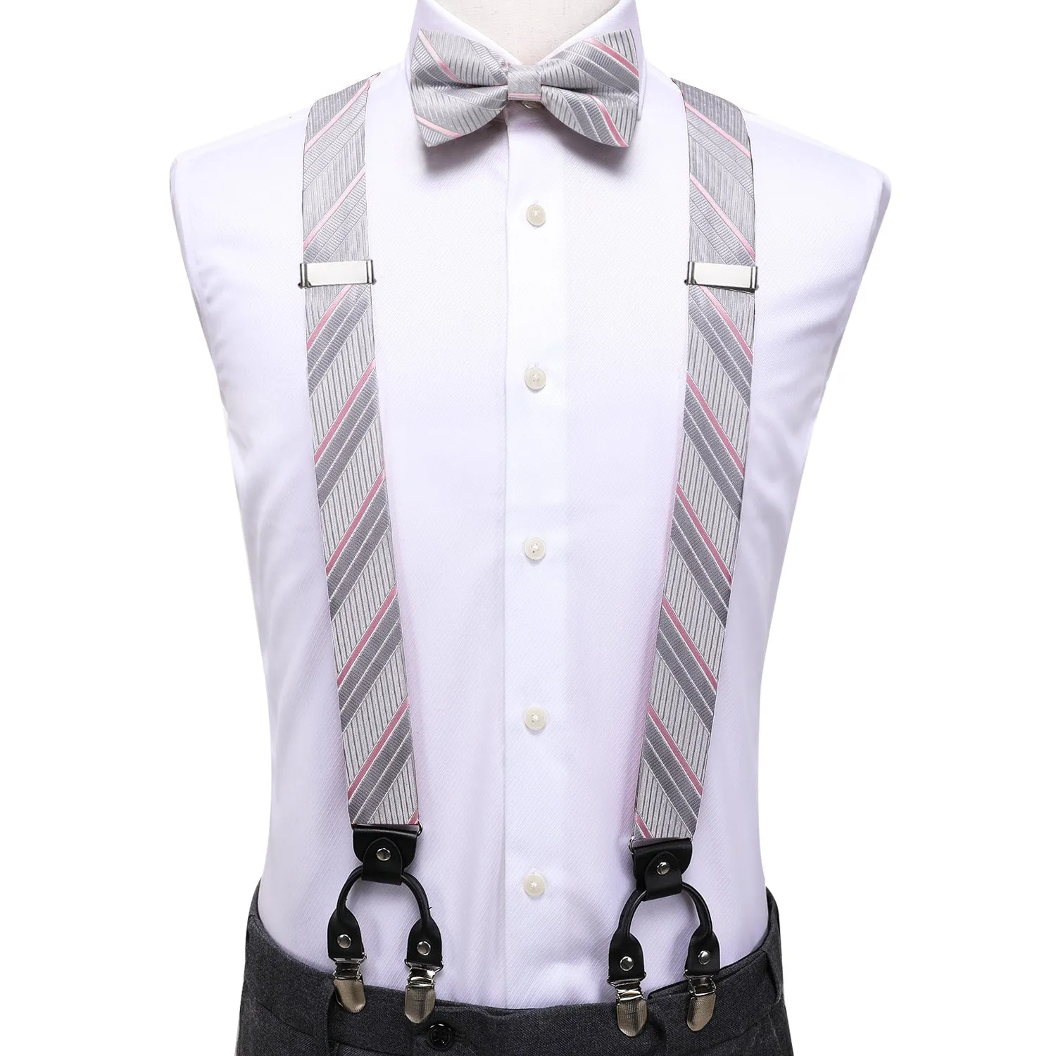 Sliver Grey Pink Striped Y Back Brace Clip-on Men's Suspender with Bow Tie Set sold by Ties2You product image thumbnail 2