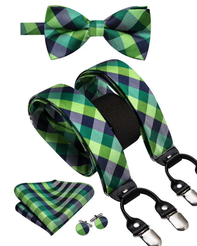 Green Blue Plaid Y Back Brace Clip-on Men's Suspender with Bow Tie Set sold by Ties2You