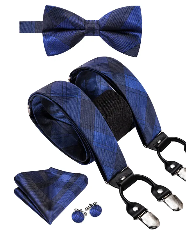Blue Black Plaid Y Back Brace Clip-on Men's Suspender with Bow Tie Set sold by Ties2You