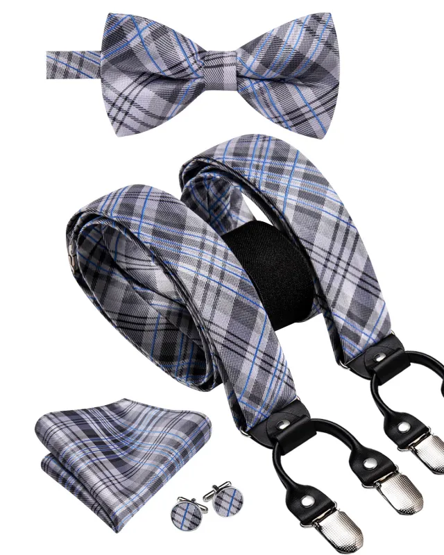 White Grey Blue Plaid Y Back Brace Clip-on Men's Suspender with Bow Tie Set sold by Ties2You