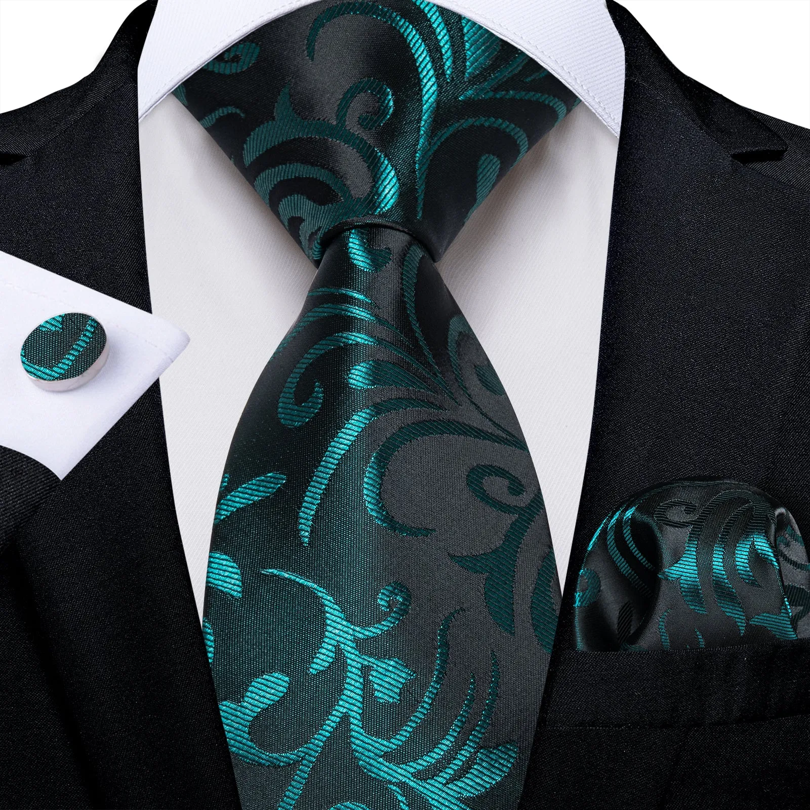 Black Teal Floral Men's Necktie Pocket Square Cufflinks Set sold by Ties2You