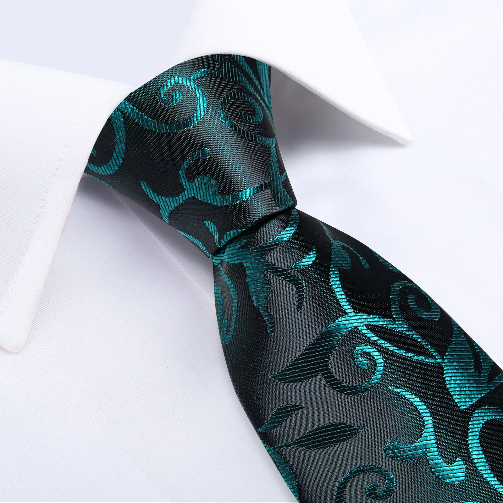 Black Teal Floral Men's Necktie Pocket Square Cufflinks Set sold by Ties2You product image thumbnail 4