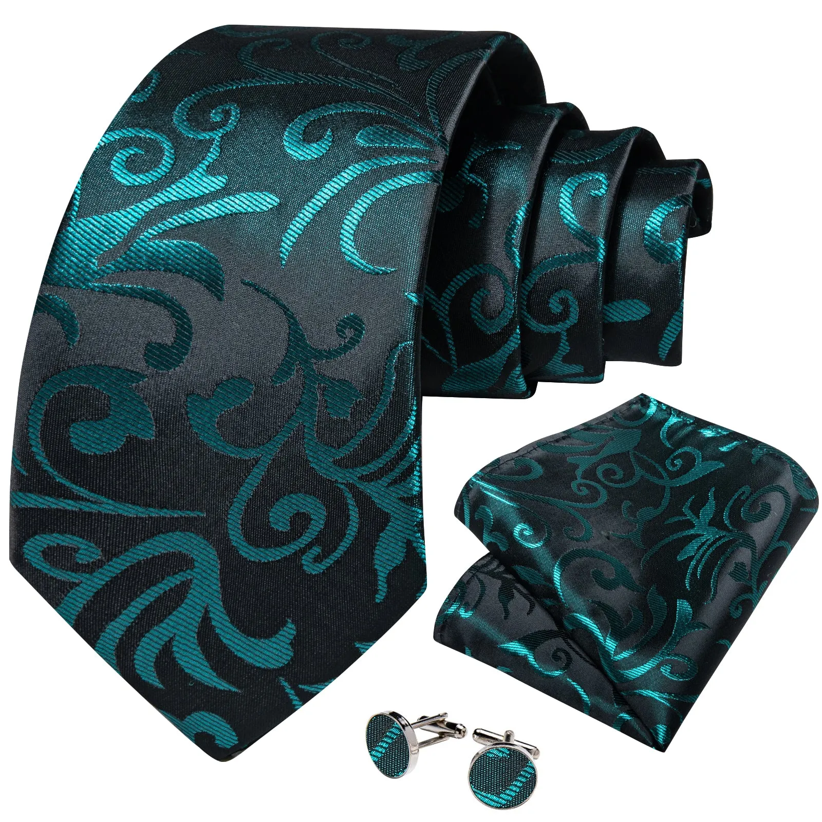 Black Teal Floral Men's Necktie Pocket Square Cufflinks Set sold by Ties2You product image thumbnail 2